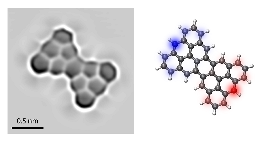 Links: Hochauflösende Rastertunnelmikroskopie-Aufnahme von Clar's Goblet. Rechts: Struktur-Modell von Clar's Goblet