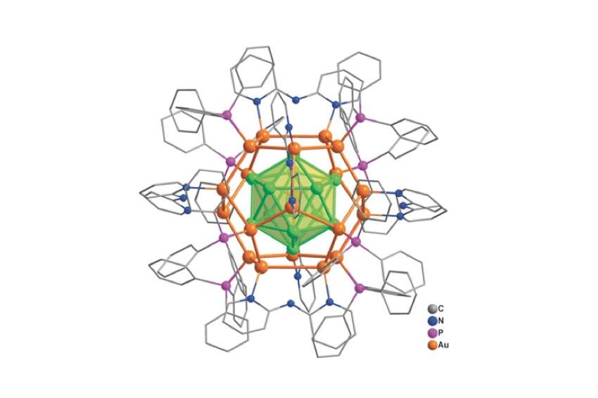Goldenes Fulleren: Modell des Liganden-geschützten Nanoclusters aus 32 Goldatomen. (Bild: Wiley-VCH)
